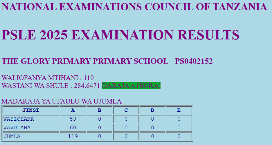 The Glory Pre and Primary School Achieves 100% A Performance in Class Seven NECTA Exams 2025